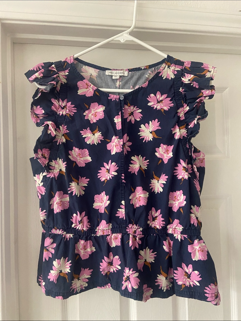 Floral Ruffle Sleeve Blouse - Navy with Pink Flowers